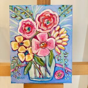 Original Painting Abstract Flowers Water Vase Stems Colorful 8 x 10" Canvas
